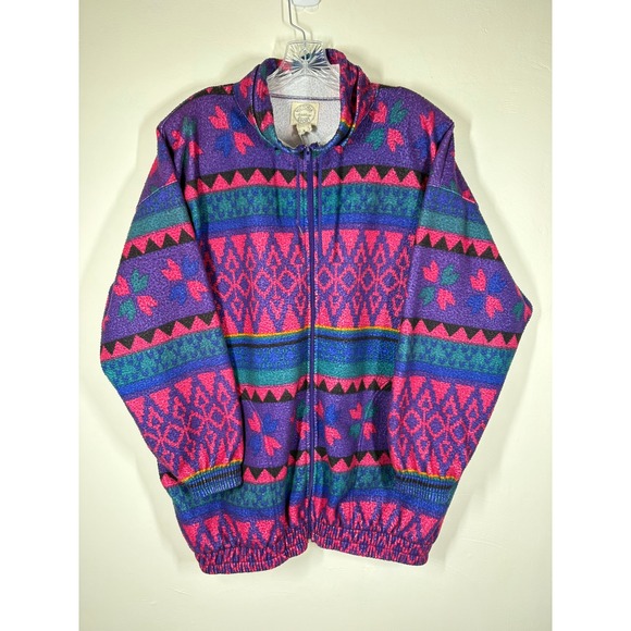 Vintage Jackets & Blazers - Vintage 90s Victoria Sport Fleece Jacket XL Purple Pink Geometric Gorpcore Cozy
